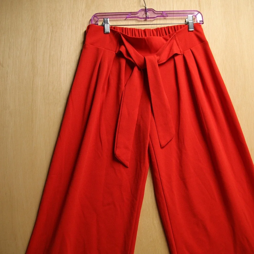 Vamp Red Wide Leg Pants High Waisted Tie Waist Flare Trousers Made in USA Office